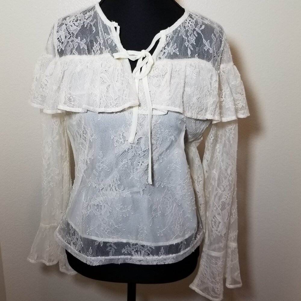 Nine Philosophy Womens Lace Ivory Blouse Long Flare Sleeve Small Cottage NWT